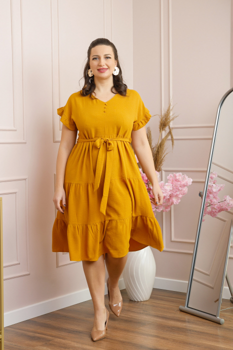Rochie eleganta Rosalie cu volane si cordon in talie - Galben mustar [4]