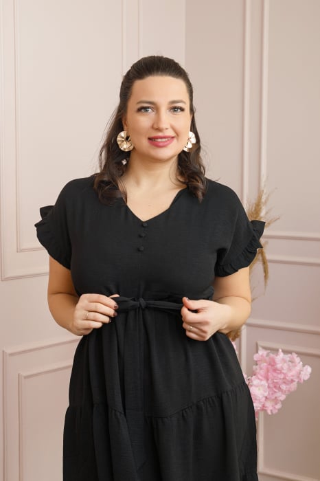 Rochie eleganta Rosalie cu volane si cordon in talie - Negru [2]