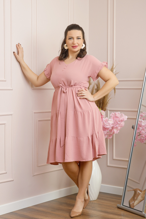 Rochie eleganta Rosalie cu volane si cordon in talie - Roz pastel [3]