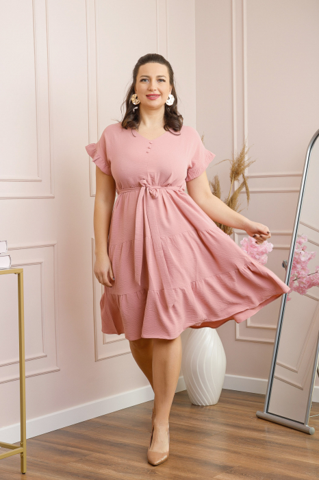 Rochie eleganta Rosalie cu volane si cordon in talie - Roz pastel [4]