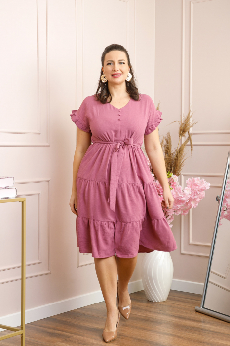 Rochie eleganta Rosalie cu volane si cordon in talie - Roz pudrat [4]