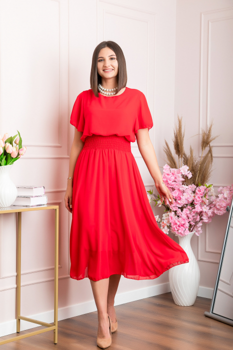 Rochie eleganta rosie Francesca cu talie incretita