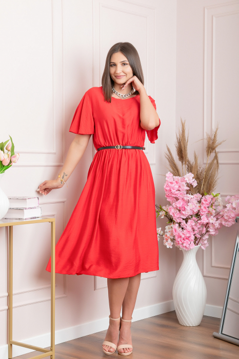 Rochie eleganta rosie Leona cu maneci fluture