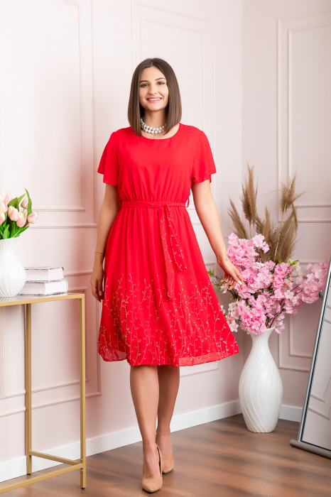 Rochie eleganta rosie Seraphine cu strasuri argintii [5]