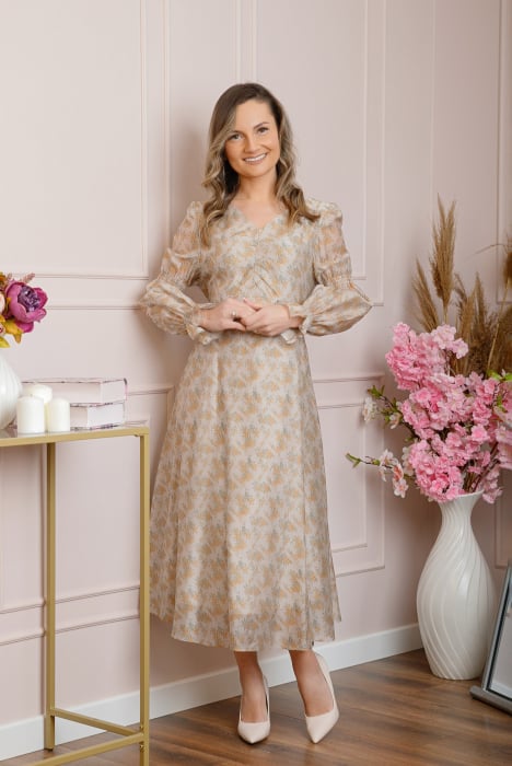 Rochie eleganta Sienna cu maneci bufante - Crem [4]