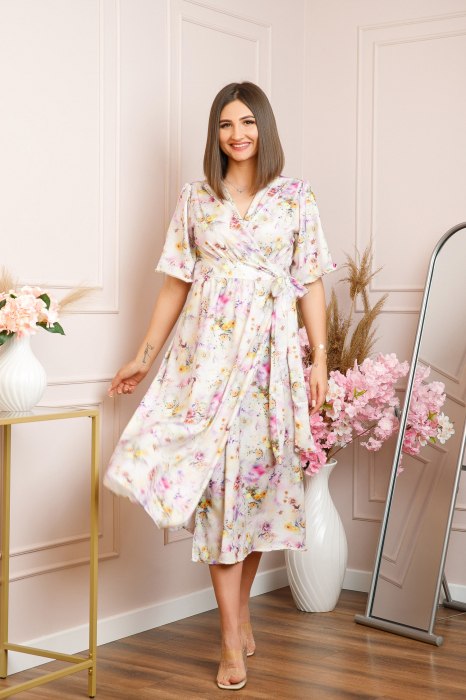 Rochie Emma petrecuta cu cordon in talie - Alb cu roz