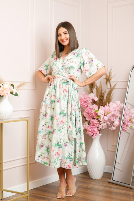 Rochie Emma petrecuta cu cordon in talie - Alb cu verde [4]