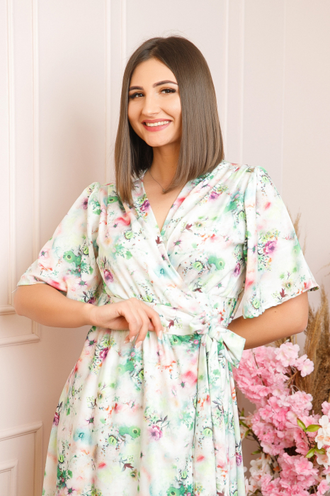 Rochie Emma petrecuta cu cordon in talie - Alb cu verde [3]