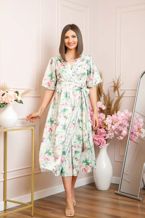 Rochie Emma petrecuta cu cordon in talie - Alb cu verde