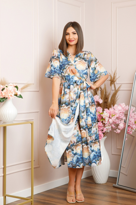 Rochie Emma petrecuta cu cordon in talie - Albastru cu orange [4]