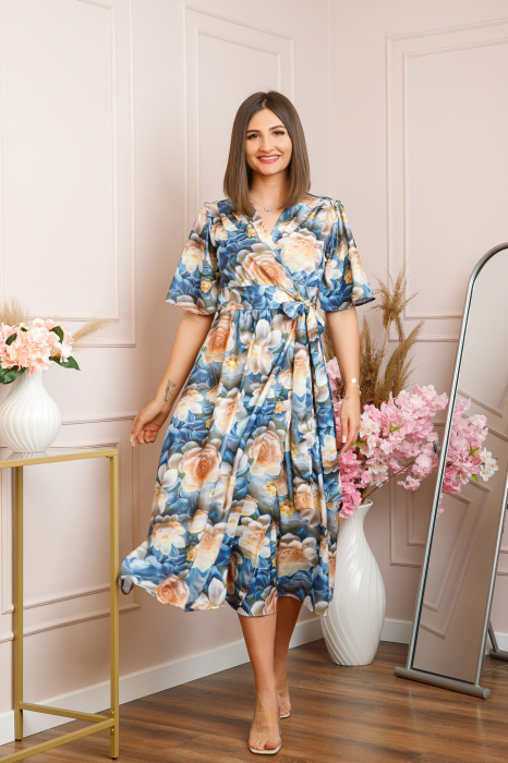 Rochie Emma petrecuta cu cordon in talie - Albastru cu orange