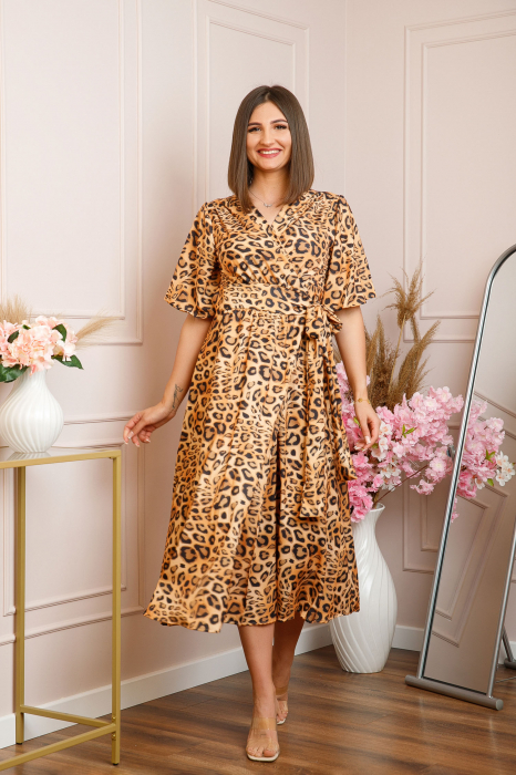 Rochie Emma petrecuta cu cordon in talie - Animal print camel