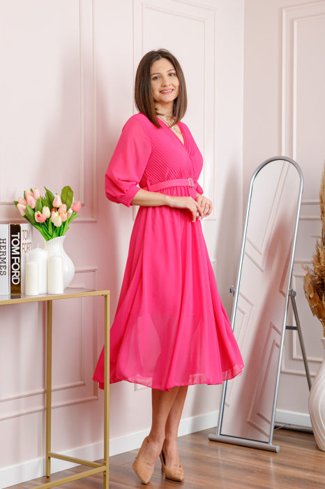 Rochie fuchsia cu bust petrecut si curea in talie [5]