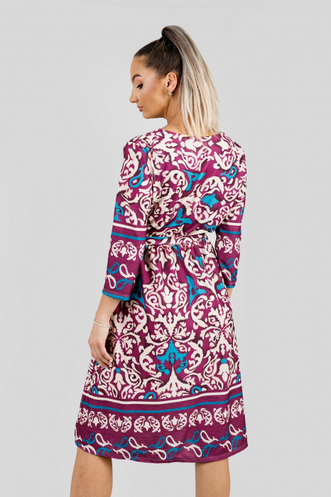 Rochie office fuchsia cu imprimeuri crem si maneci trei sferturi [4]