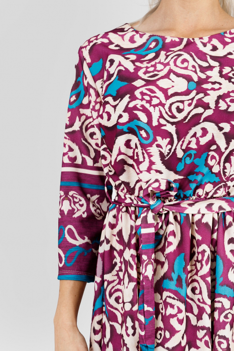 Rochie office fuchsia cu imprimeuri crem si maneci trei sferturi [2]