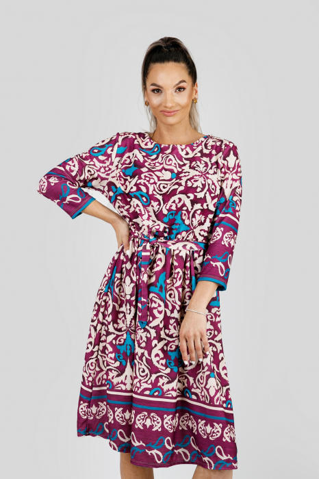 Rochie office fuchsia cu imprimeuri crem si maneci trei sferturi [3]