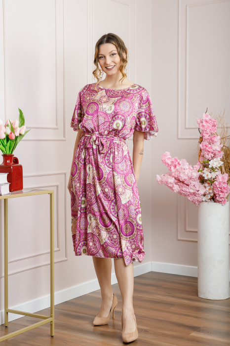 Rochie fuchsia cu imprimeuri mandala si volanas la maneci [4]