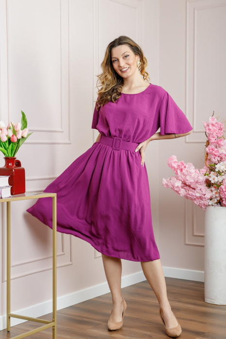 Rochie fuchsia cu maneci scurte si centura in talie [4]