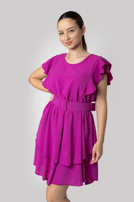 Rochie fuchsia cu volane si centura in talie [4]