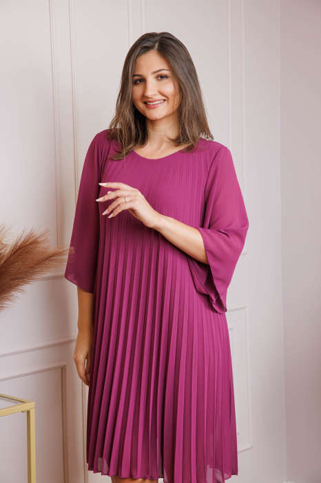 Rochie fuchsia din voal plisat cu maneci 3/4 Tina [2]