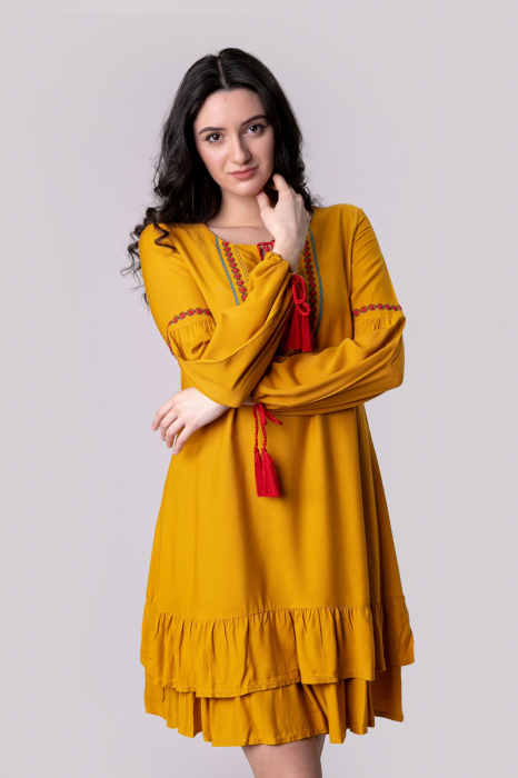 Rochie galben mustar boho chic cu volane si maneca lunga [3]