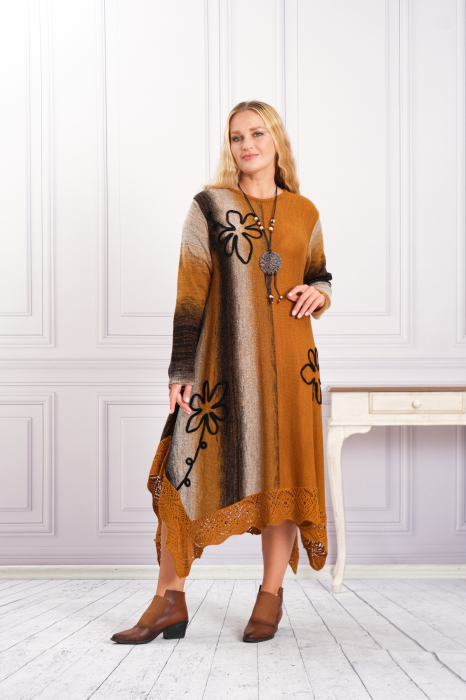 Rochie galben mustar boho chic tricotata cu baza asimetrica si model floral [4]