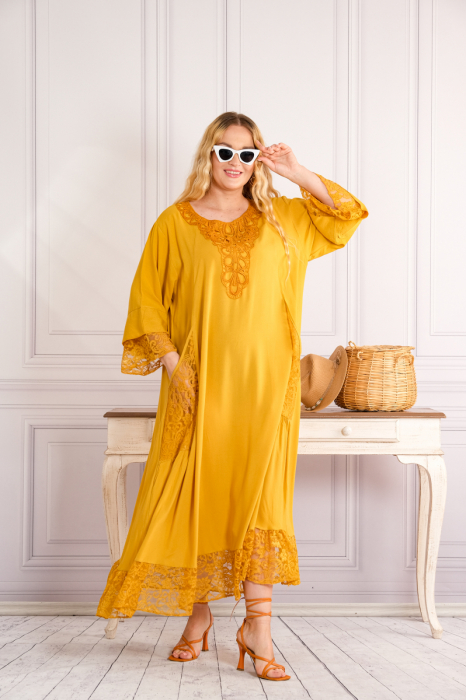 Rochie galbena boho chic cu buzunare din dantela [4]