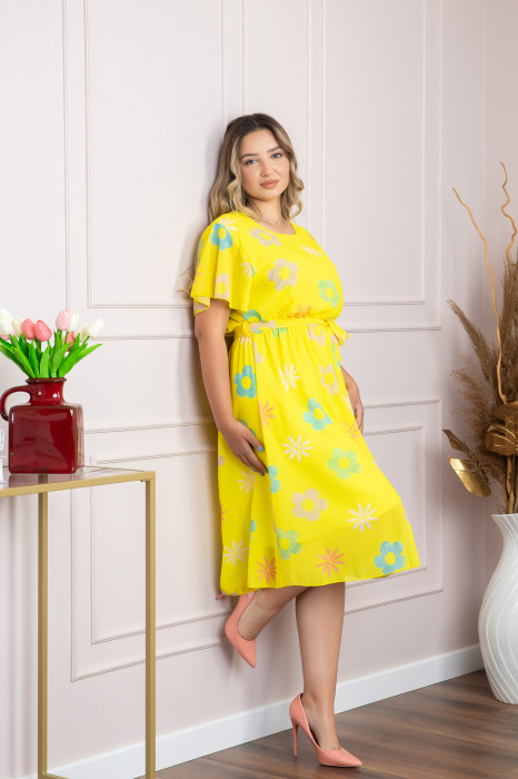 Rochie galbena cu imprimeu floral si maneci fluture