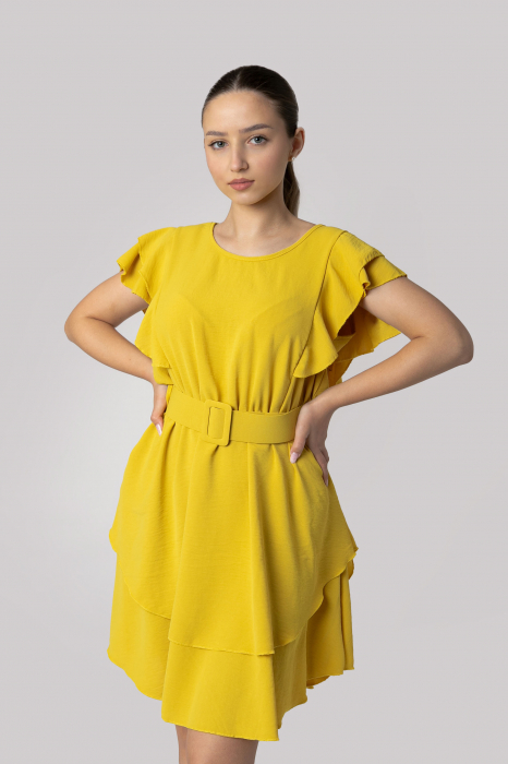 Rochie galbena cu volane si centura in talie [4]