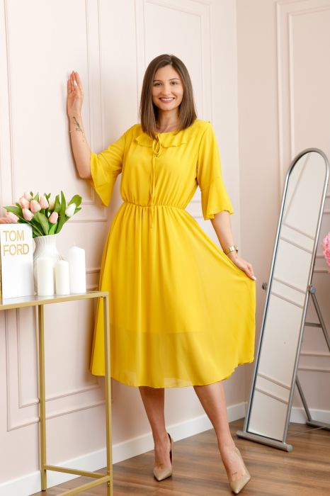 Rochie galbena vaporoasa cu elastic in talie si volanas la decolteu Allegra [4]