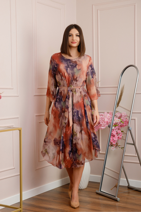 Rochie Grace din voal cu croi in A si imprimeu floral caramiziu [3]