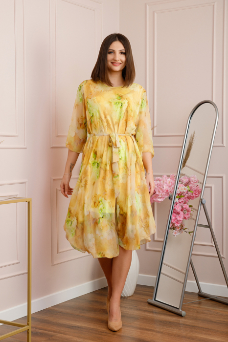 Rochie Grace din voal cu croi in A si imprimeu floral galben [3]