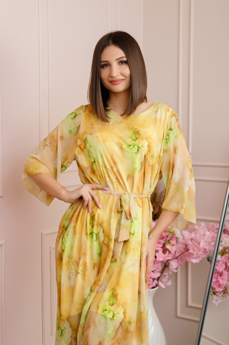 Rochie Grace din voal cu croi in A si imprimeu floral galben [2]