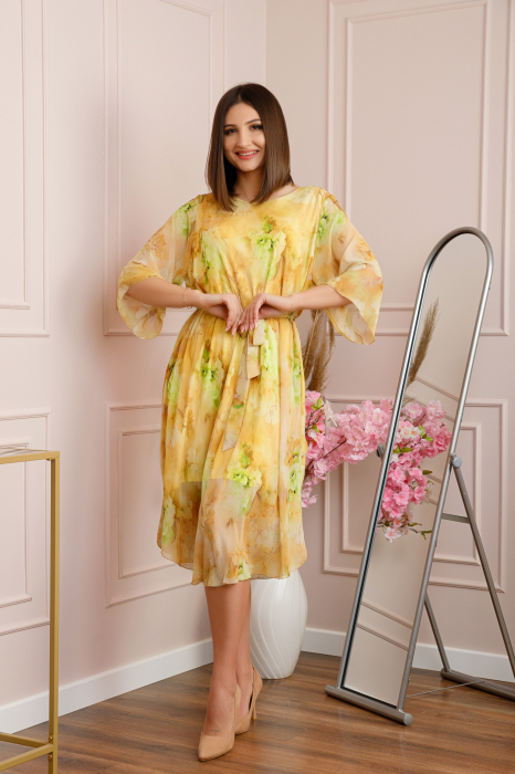 Rochie Grace din voal cu croi in A si imprimeu floral galben [4]