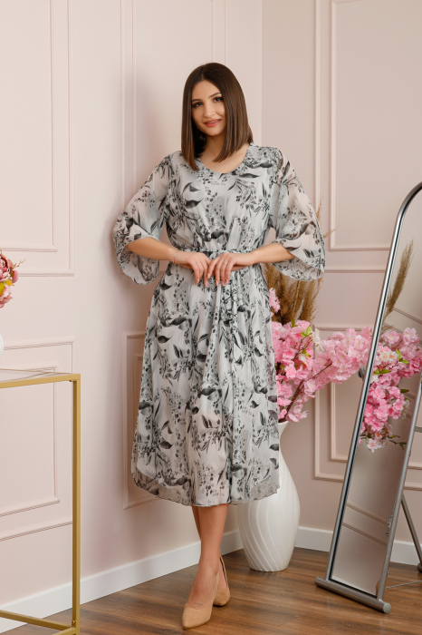Rochie Grace din voal cu croi in A si imprimeu floral gri [3]