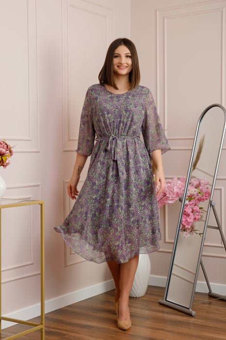 Rochie Grace din voal cu croi in A si imprimeu floral lila [3]