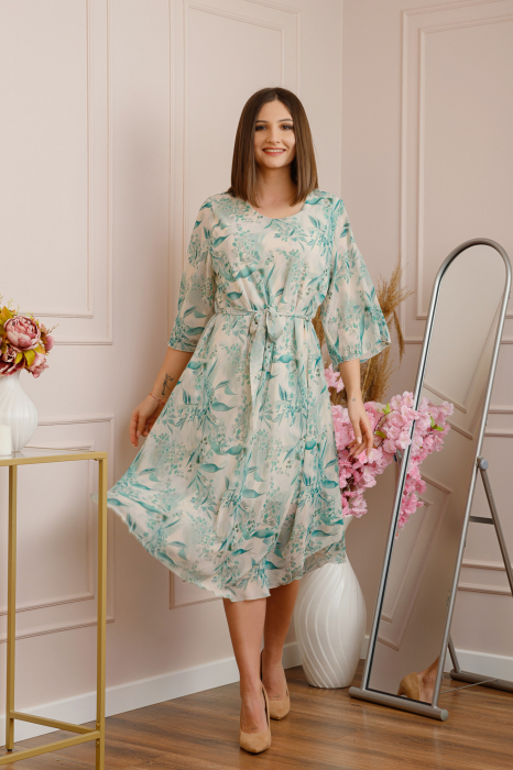 Rochie Grace din voal cu croi in A si imprimeu floral turcoaz [3]
