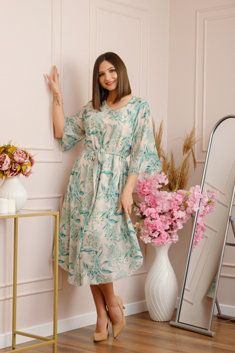 Rochie Grace din voal cu croi in A si imprimeu floral turcoaz [4]