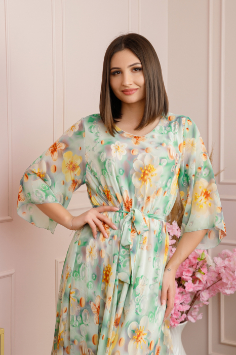 Rochie Grace din voal cu croi in A si imprimeu floral verde [2]