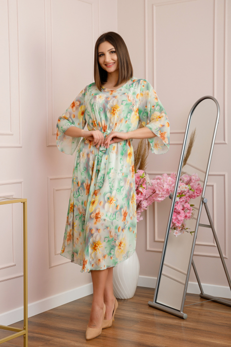 Rochie Grace din voal cu croi in A si imprimeu floral verde [4]