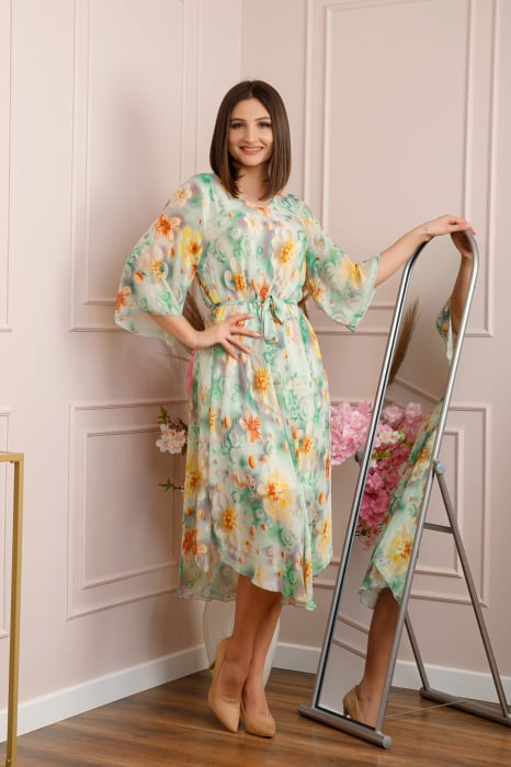 Rochie Grace din voal cu croi in A si imprimeu floral verde