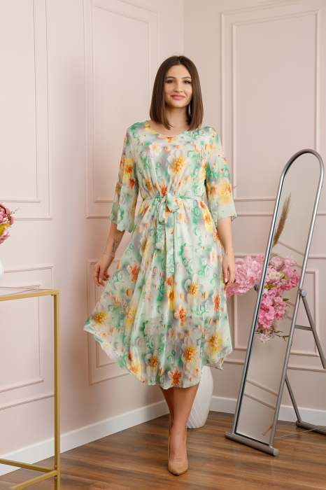Rochie Grace din voal cu croi in A si imprimeu floral verde [3]