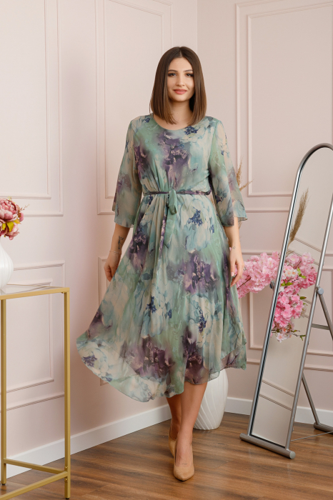 Rochie Grace din voal cu croi in A si imprimeu floral verde pastel [3]
