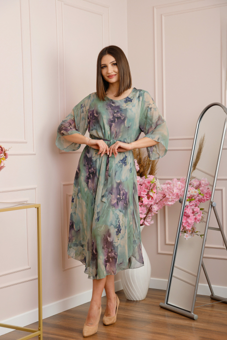 Rochie Grace din voal cu croi in A si imprimeu floral verde pastel [4]
