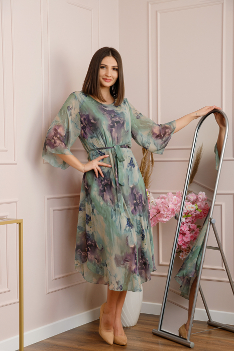 Rochie Grace din voal cu croi in A si imprimeu floral verde pastel