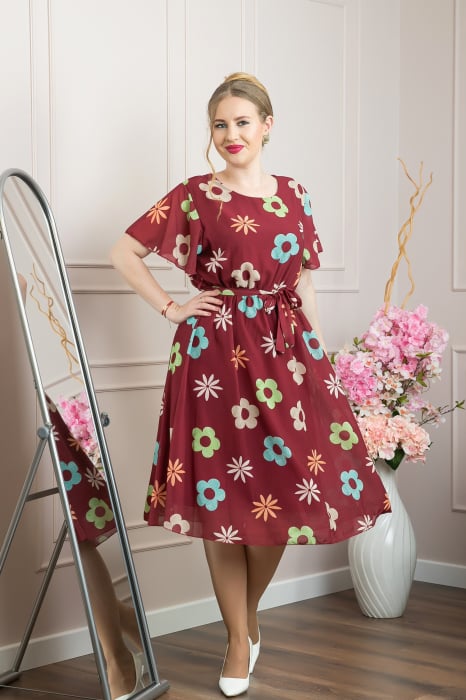 Rochie grena cu imprimeu floral si maneci fluture