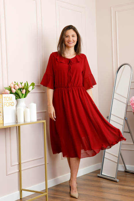 Rochie grena vaporoasa cu elastic in talie si volanas la decolteu Allegra [3]