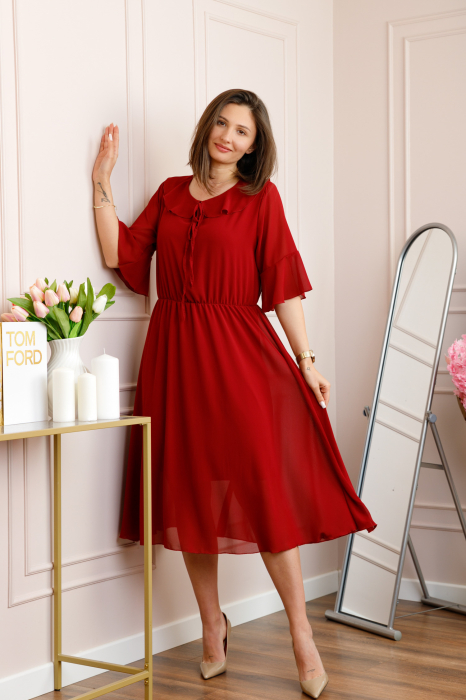 Rochie grena vaporoasa cu elastic in talie si volanas la decolteu Allegra [4]