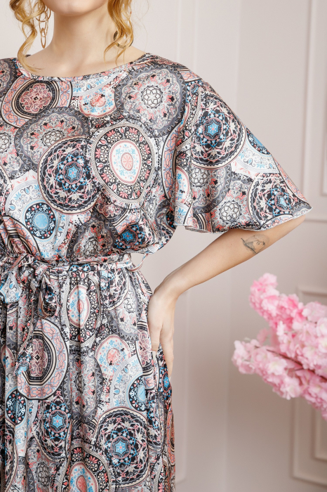 Rochie gri cu imprimeuri mandala si volanas la maneci [2]