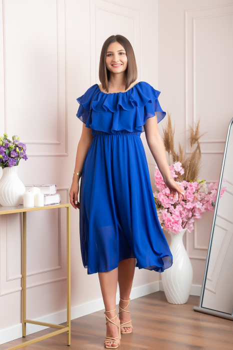Rochie Joyce eleganta din voal cu volane - Albastru regal